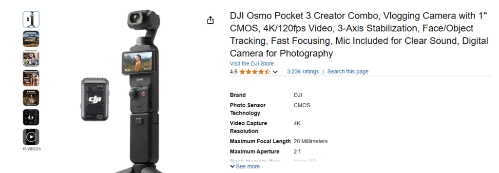 DJI Osmo Pocket 3 camera with price tag showing $799 due to US tariff hikes